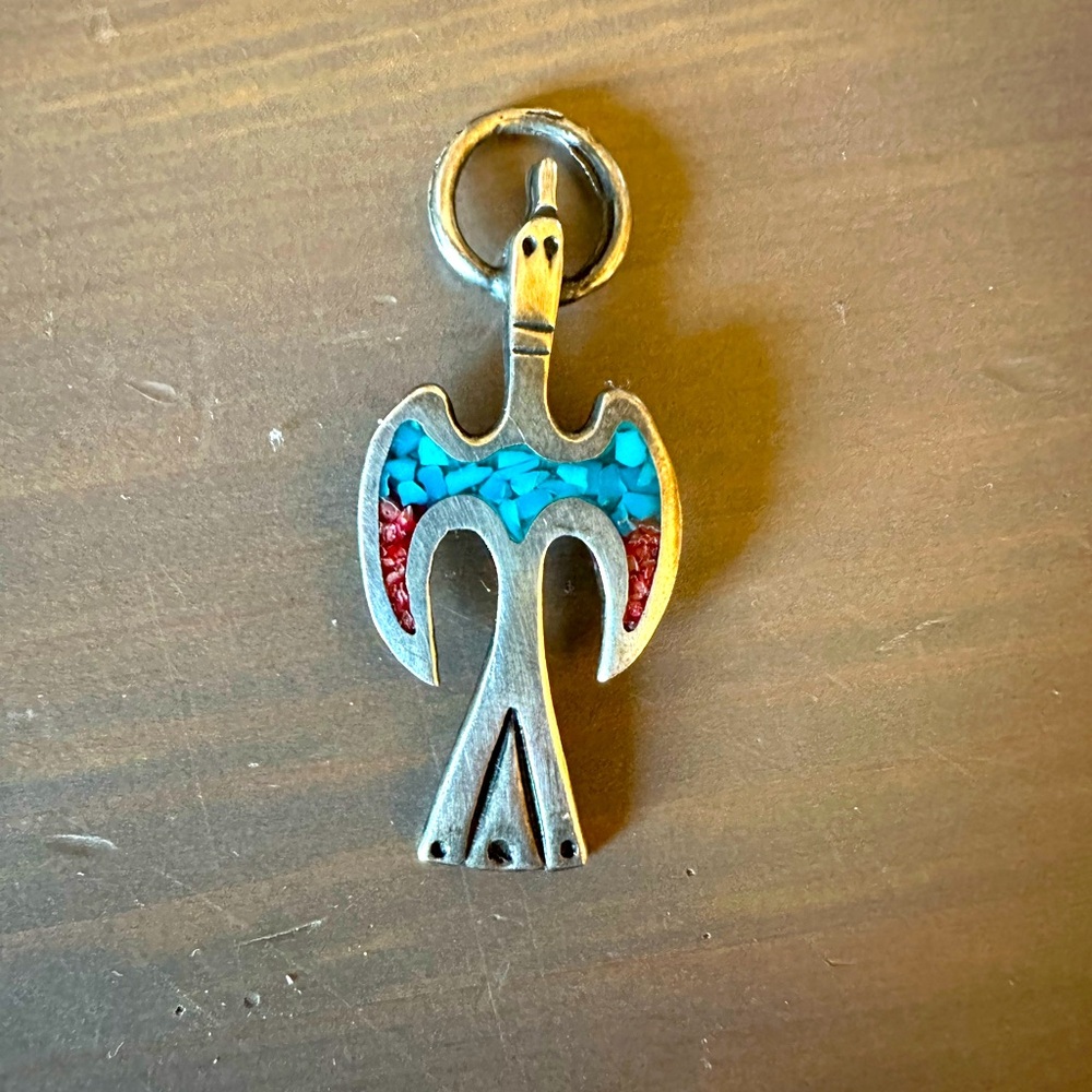 Vintage Silver Peyote Bird Pendant with Turquoise and Coral